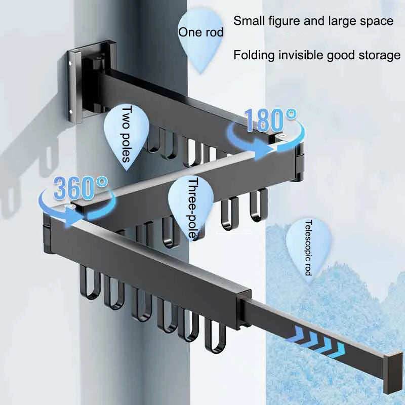 Składany, ścienny wieszak na pranie z wysuwanym drążkiem