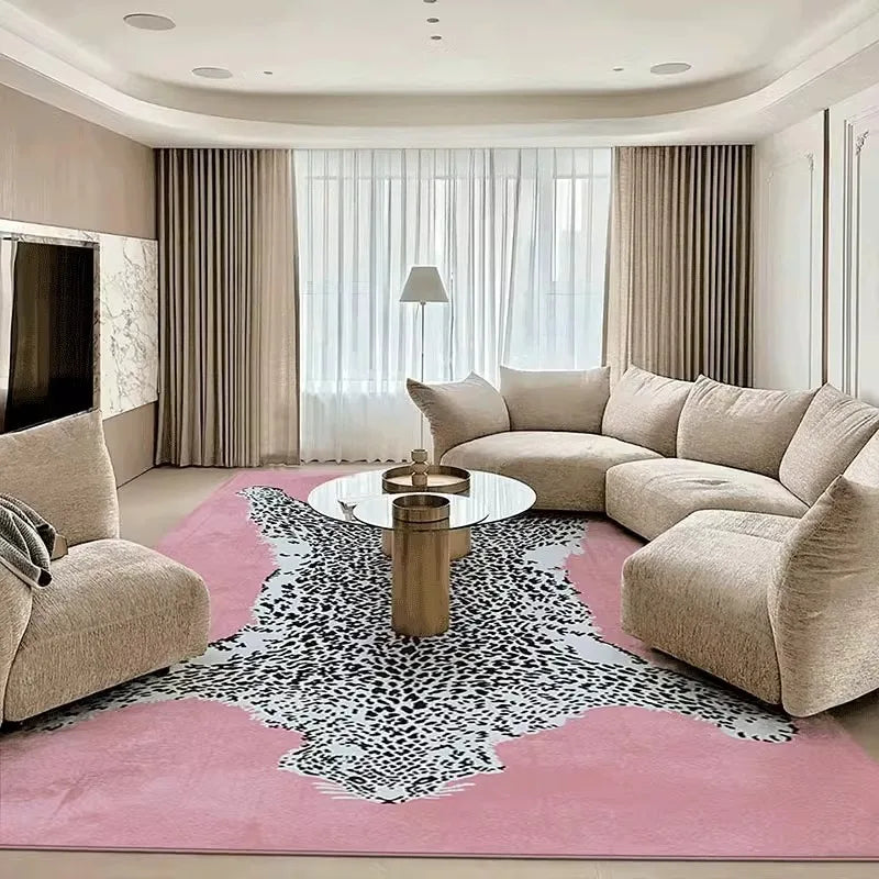 Amerykański retro dywan w zielono‑różowy wzór panterki