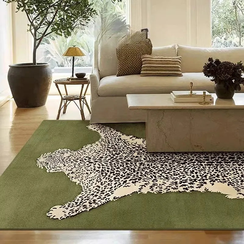 Amerykański retro dywan w zielono‑różowy wzór panterki