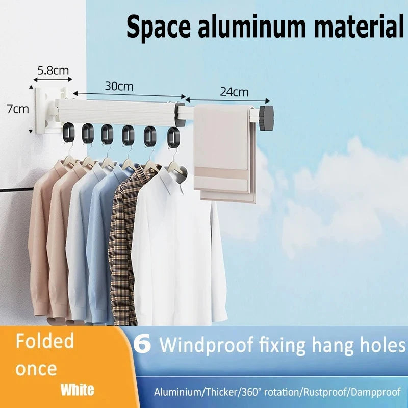 Składany, ścienny wieszak na pranie z wysuwanym drążkiem